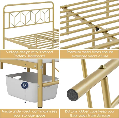 Vista 6 de Yaheetech - Marco de cama de metal con base de colchón, cabecera/pie de cama con patrón de diamante, soporte de listones de acero resistente