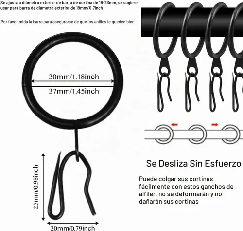 Vista 2 de 40 piezas de anillos y ganchos de cortina de metal, 30 mm de diámetro interno, negro