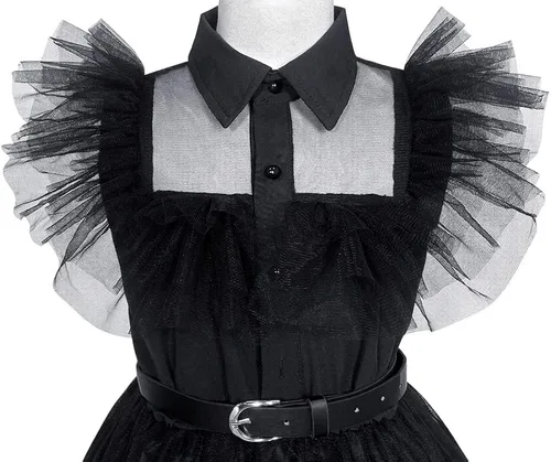 Vista 5 de Zalongye Disfraz negro para niñas, disfraz de familia negro, disfraz de Halloween, vestido de fiesta para niñas de 4 a 13 años