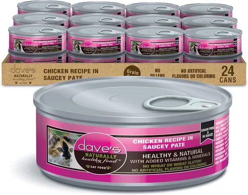 Vista 10 de Dave's Pet Food Grain Free Wet Cat Food (Chicken & Duck Saucey Pate), Naturally Healthy Canned, Added Vitamins & Minerals, Wheat Free, 5.5 oz