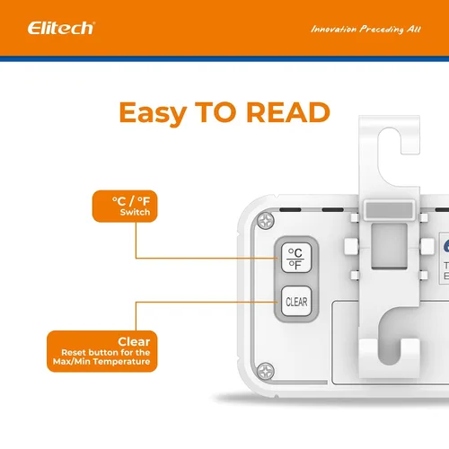 Vista 3 de Termómetro de frigorífico Elitech, termómetro digital para refrigerador y congelador a prueba de agua, pantalla LCD grande, función de registro