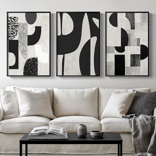 Vista 35 de Arte de pared abstracto moderno enmarcado en blanco y negro, 3 piezas de impresiones en lienzo pinturas obras de arte para paredes, cuadros Negro