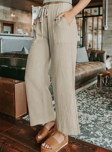 Vista 4 de Dokotoo Pantalones largos de estilo palazzo con bolsillos para mujer, cintura alta, elástica, pierna ancha, holgados, para el trabajo, 2024