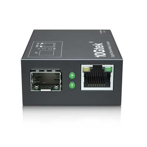 Vista 2 de Un par de convertidores de fibra Gigabit a Ethernet de tamaño mini, multimodo Dual LC a RJ45, 10/100/1000Base-Tx a 1000Base-SX, con módulo SFP