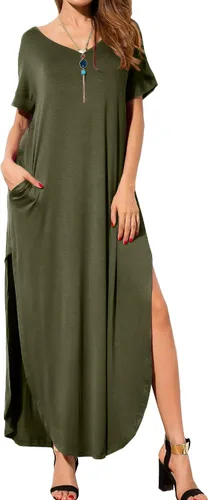 Vista 2 de GRECERELLE - Vestido largo para mujer, holgado, con bolsillos, manga corta y abertura lateral, estilo informal Verde militar