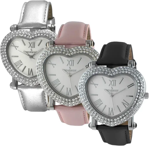 Vista 4 de Peugeot - Reloj de pulsera con forma de corazón para mujer con estuche de cristal y correa de cuero
