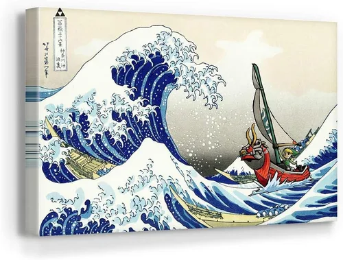 Vista 5 de Arte de Lienzo para Pared con Dibujos Animados Inspirado en la Gran Ola de Kanagawa Estampado de Océano Estilo Anime Japonés Decoración