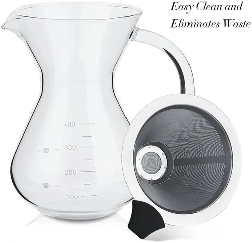 Vista 2 de Hakeeta Cafetera de 13.5 fl oz, cafetera de vidrio para verter con filtro permanente de acero inoxidable. Cafetera manual de gotero de café