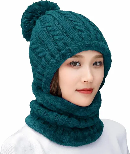 Vista 28 de Gorro de Invierno para Mujer de Una Pieza con Forro Polar Pasamontañas de Punto Conjunto con Bufanda Circular para Cuello Gorro de Esquí para Nieve