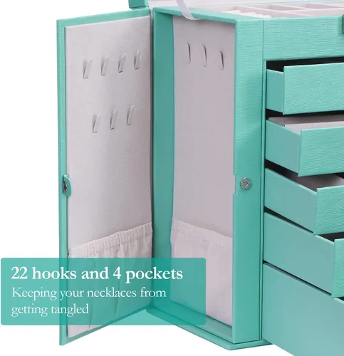 Vista 7 de ANWBROAD Joyero grande de 6 niveles, organizador de joyas, caja de almacenamiento con espejo de cerradura, caja de joyería para niñas, para aretes