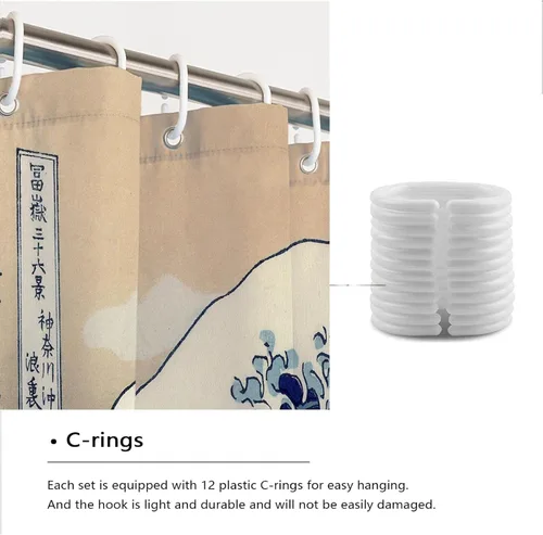 Vista 4 de Cortina de ducha con estampado de pintura impresionista, estilo japonés, Hokusai, The Great Wave Off Kanagawa, cortinas de ducha para baño, calidad