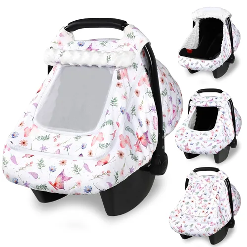 Vista 21 de Funda para asiento de auto Pea Pod para bebé, capota para asiento de auto infantil para recién nacidos con 2 capas de ventanas de tela de malla