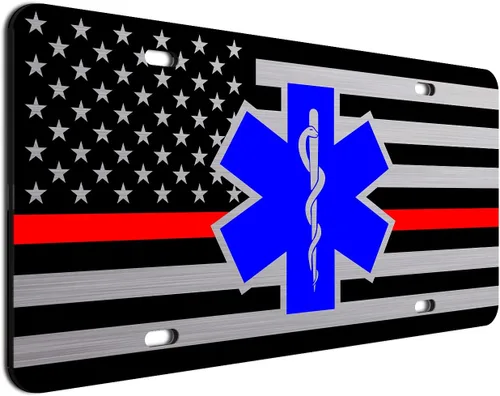 Vista 35 de JASS GRAPHIX Placa de matrícula personalizada con la bandera estadounidense de línea amarilla, homenaje personalizado a despachadores y operadores