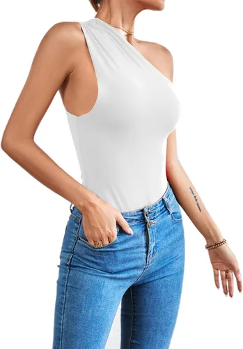 Vista 2 de LYANER Leotardo sexy de un hombro para mujer, fruncido, sin mangas, ajustado