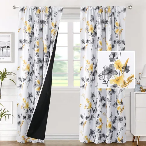 Vista 26 de H.VERSAILTEX cenefas de cortina 100% opacas para ventanas de cocina, juego de 2 paneles, estampado floral Cattleya Leah, cenefas térmicas aisladas