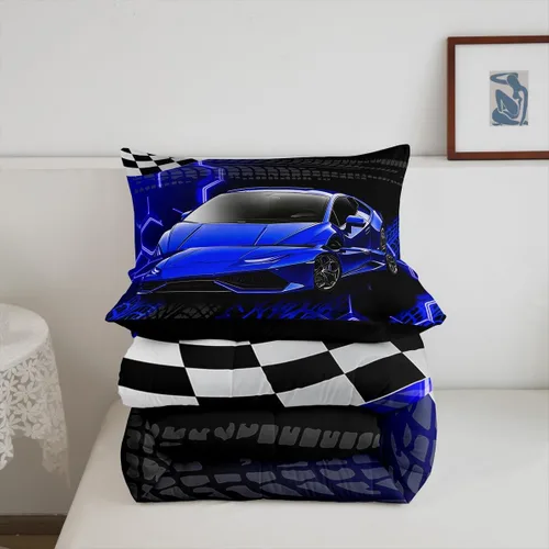 Vista 6 de Feelyou Juego de ropa de cama de coche de carreras para niños y niñas, tamaño individual, juego de edredón deportivo de velocidad para adolescentes