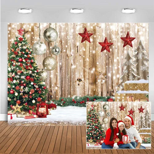Vista 10 de CHAIYA Telón de fondo de Navidad de 5 x 7 pies, telón de fondo de madera para invierno, nieve, árbol de Navidad, regalo de Navidad, fiesta familiar