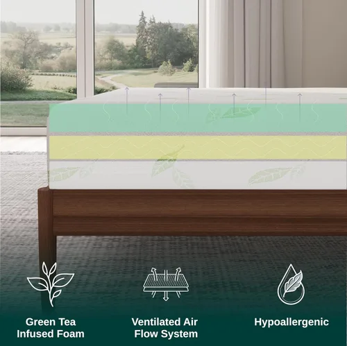 Vista 4 de NapQueen Individual, colchón de espuma viscoelástica de 6 pulgadas con té verde Anula, cama en caja, certificado CertiPUR-US