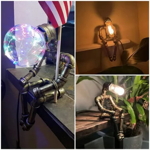 Vista 4 de Lámpara de mesa Steampunk, lámpara de escritorio retro industrial de bronce con 2 bombillas Edison regalo creativo