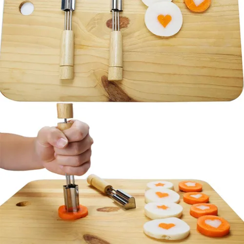Vista 6 de Juego de 3 moldes para cortar verduras y frutas, mini pastel, moldes de acero inoxidable para galletas con mango de madera, cortador de galletas