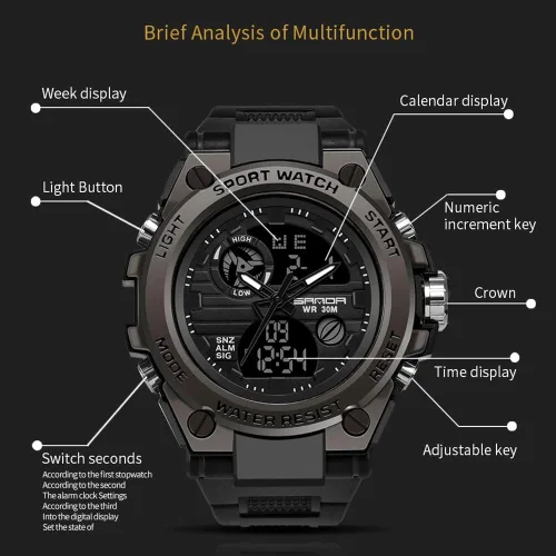 Vista 3 de BOSHIYA Reloj militar para hombre, resistente al agua, con alarma de fecha, cronómetro, multifunción, táctico, LED, esfera grande
