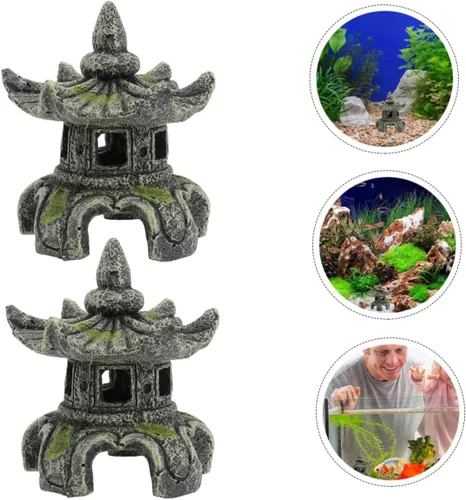 Vista 9 de Yardwe Resina artesanal pecera estatua de pabellón de peces escondido de peces adornos 2 piezas decoración fácil lavado seguro acuario decoración