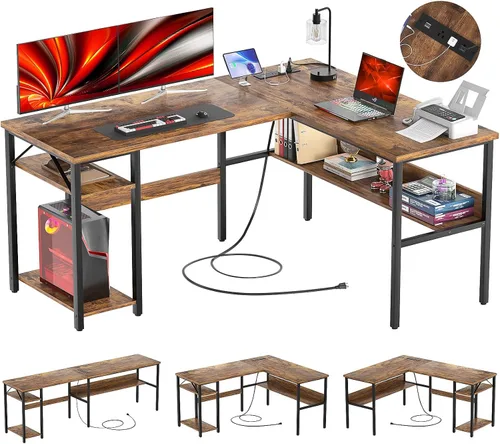 Vista 8 de Escritorio reversible en forma de L para juegos con tomas de corriente y puertos de carga USB, escritorio para computadora resistente con estante