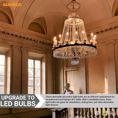 Vista 4 de Bombilla LED B11 decorativa para lámpara de techo Sunlite, 7 vatios (equivalente a 60 W), 500 lúmenes, 120 voltios, regulable, base E12, CRI 90