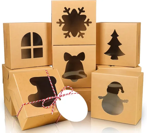 Vista 8 de COTOPHER 18 cajas de galletas de Navidad con ventana, 10 x 10 x 2.5 pulgadas, cajas de panadería marrones para regalo, cajas de postre de papel