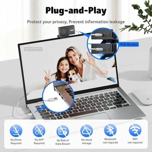 Vista 5 de Acer Cámara web 4K para PC/Mac con cuerpo unibody de metal completo esculpido, sensor Sony de 1/2", PDAF, 2 micrófonos de reducción de ruido