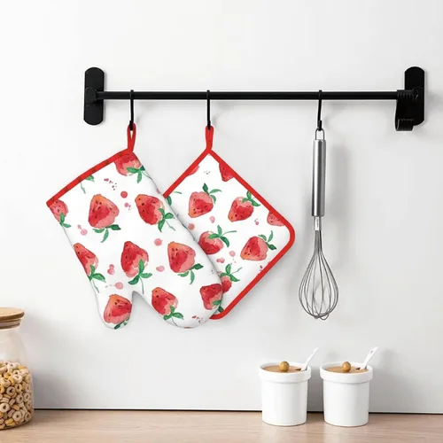 Vista 3 de Manoplas de horno de fresa, juegos de soportes para ollas de fresa, almohadillas calientes resistentes a la cocina con guantes de barbacoa