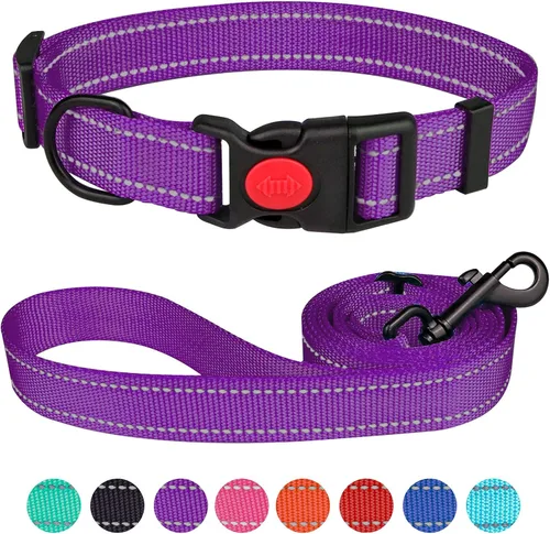 Vista 7 de Juego de collar y correa reflectante para perro con hebilla de bloqueo de seguridad, collares de nailon para mascotas ajustables para perros Negro