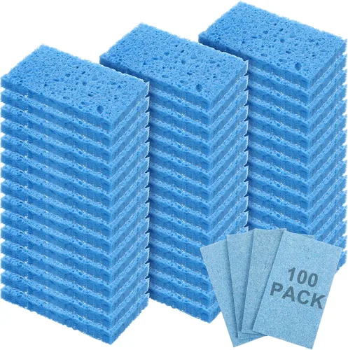 Vista 14 de Zhengmy 48 esponjas a granel, esponjas comprimidas de cocina, esponja natural para platos, limpieza de pulpa de madera comprimida sin rayar para Azul