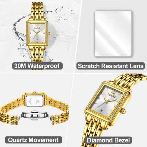 Vista 5 de OLEVS Reloj de mujer de oro de acero inoxidable, reloj de cara cuadrada pequeña con decoración de diamantes, reloj de vestir de cuarzo analógico