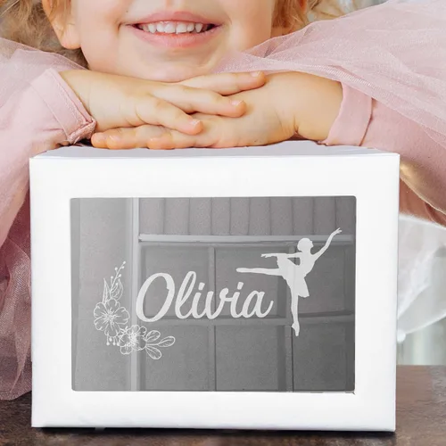 Vista 2 de My Personal Memories Joyero personalizado para niñas grabado personalizado con nombre y bailarina sirena unicornio y más blanco