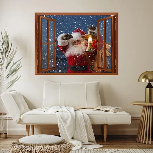 Vista 4 de wall26 Adhesivo de pared extraíble/mural de pared – Papá Noel llevando regalos fuera de la ventana en Nochebuena, vista creativa de ventana