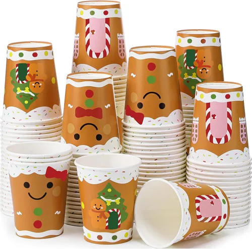 Vista 12 de Funtery 100 piezas de vasos de papel de Navidad, vasos de café desechables de Navidad con copos de nieve, muñeco de nieve, alce, luces, 9 onzas