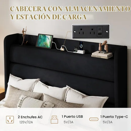 Vista 5 de SHA CERLIN - Marco de cama tamaño completo con estación de carga, cama de plataforma tapizada en terciopelo, cabecero con almacenamiento y respaldo