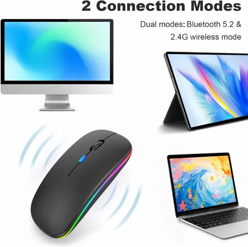 Vista 4 de Ratón inalámbrico LED, mouse Bluetooth recargable, mouse portátil delgado con receptor USB, conexión de modo dual BT5.4 y 2.4G, silencioso