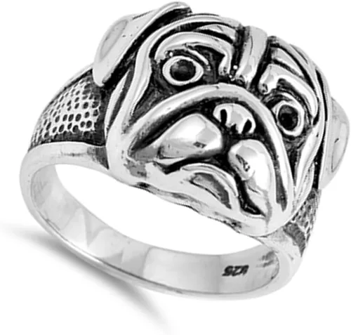 Vista 2 de Pit Bull Dog Pug Head Animal Face Anillo Nueva Banda De Plata De Ley 925. Tamaños 712