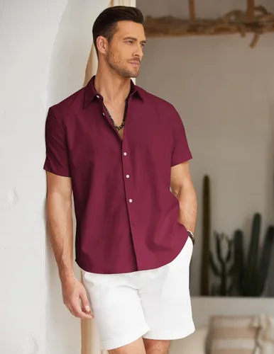 Vista 3 de COOFANDY Camisa casual de manga corta con botones para hombre, de verano, algodón, lino, para playa