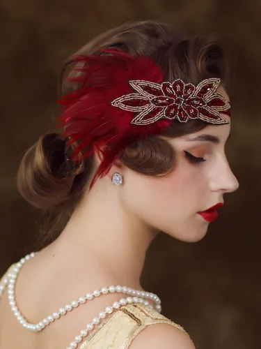 Vista 5 de SWEETV Diadema de plumas de los años 20, tocado Showgirl con lentejuelas de los años 20, accesorios para el cabello Gatsby para mujer, Borgoña