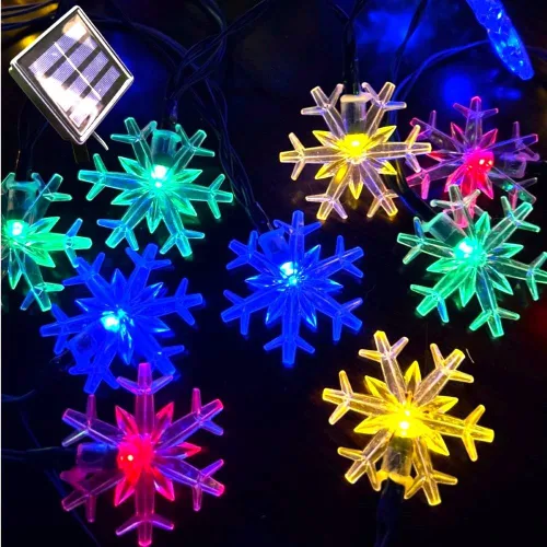 Vista 5 de Luces solares de Navidad para exteriores, impermeables, decoraciones de 20 pies, 30 luces LED de copo de nieve con 8 modos de iluminación