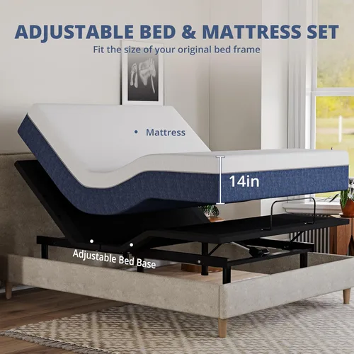 Vista 2 de EGOHOME Base de cama ajustable de tamaño completo y colchón de espuma viscoelástica de gel de carbón de 14 pulgadas, inclinación independiente