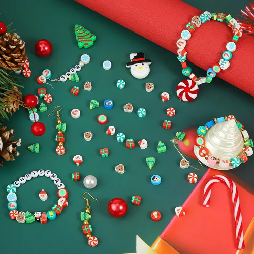 Vista 4 de 200 cuentas de arcilla polimérica de Navidad con encantos para hacer pulseras, cuentas planas de 10 mm de espaciador de heishi de arcilla