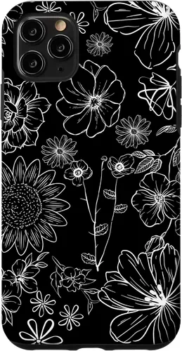 Vista 4 de iPhone 12 Mini - Funda floral de primavera con patrón de flores silvestres en blanco y negro