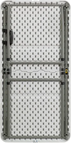 Vista 11 de Flash Furniture Mesa rectangular de plástico plegable de 4 pies con patas ajustables y asa de transporte, mesa de banquete portátil biplegable