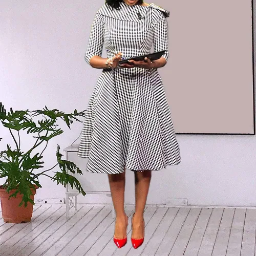 Vista 2 de VERWIN Vestido retro de manga tres cuartos hasta la rodilla a cuadros para mujer