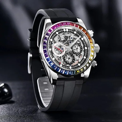 Vista 2 de Pagani Design Relojes mecánicos automáticos de lujo para hombre, esfera de esqueleto, acero inoxidable, bisel de arco iris, correa de goma, 328.1