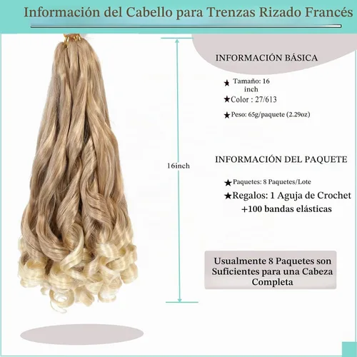 Vista 2 de Rizo francés trenzado de 16 pulgadas, suelto, ondulado, 8 paquetes de 27 27/613